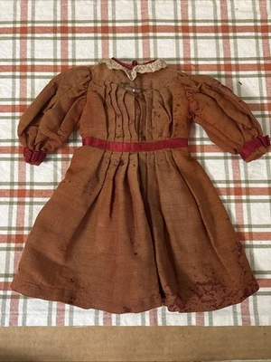 19th Century Childs Red Fabric Doll Dress W Bodice Tucks, Lace Trim, & Pin - Image 1 of 4
