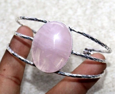 925 Silver Plated Huge Rose Quartz Bangle Handmade Gemstone Size 6.5" JW - Image 1 of 3