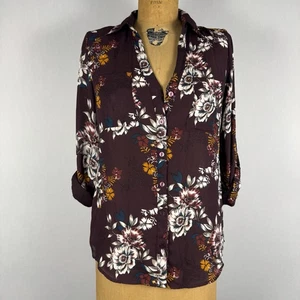By & By Women’s Blouse S Burgundy Floral Button Up Roll Tab Sleeve Top Polyester - Picture 1 of 8