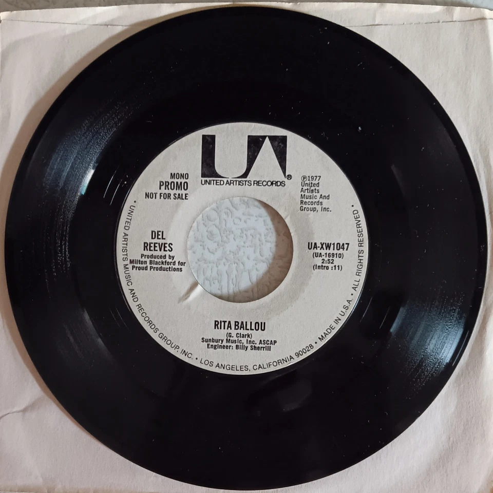 DEL REEVES - Rita Ballou stereo and mono, Promo, 45 VG+, 1977, United Artists - Image 1 of 1