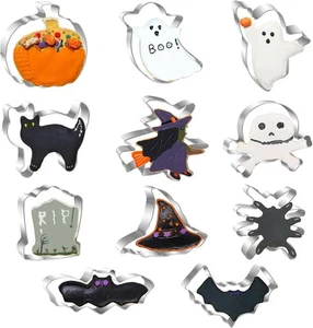 11 X Halloween Shaped Cookie/ Cake Cutters Pumpkn, Bat, Cat, Ghost, Hat, Lantern - Picture 1 of 4