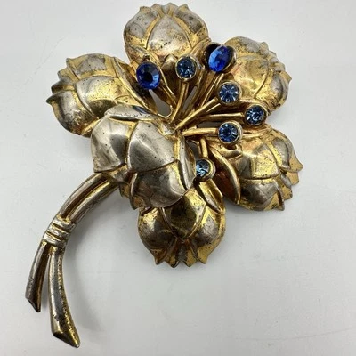 Broche prendedor flor plata esterlina vintage pedrería azul retro enorme años 40 Estate Foto 1 de 4
