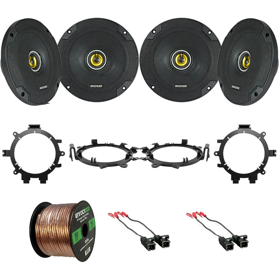 4x Kicker 6.5" Speakers, 4 Speaker Wire Harness+Mounting Adaptors,50 Foot Wire - Image 1 of 4