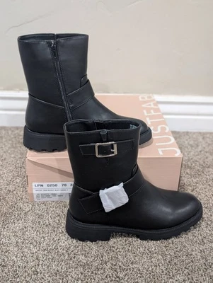 Size 7 Women's Just Fab Demi Buckle Black Caviar Zip Up Mid Calf Booties - Image 1 of 4
