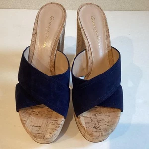 Gianvito Rossi Cork Wedge Heel Sandals Size 37 US7 Navy Suede Open Toe Slide - Picture 1 of 24