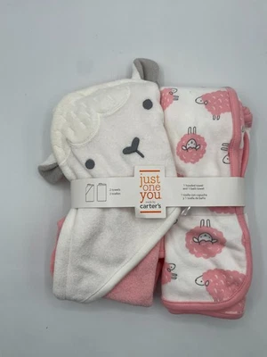 Nuevo juego de toallas de baño y capucha Carters blanco rosa cordero oveja 2 piezas Foto 1 de 4