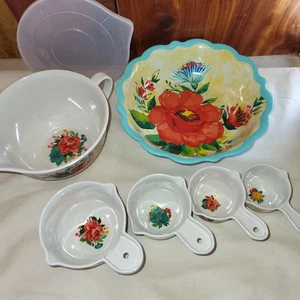 Pioneer Woman 32 oz Melamine Measuring Pitcher & 4 Measuring Cups Floral + Bowl  - Picture 1 of 7