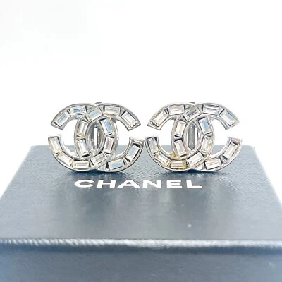Chanel Crystal CC COCO Logo Earrings signed-01P Silvertone Vintage JAPAN - Image 1 of 4