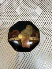 Vintage Otagiri Owl Porcelain Black/Gold Trinket Box Japan HTF