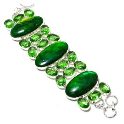 Natural Green Labradorite,Peridot Stone 925 Sterling Silver Bracelet 7-8" T360 - Image 1 of 4