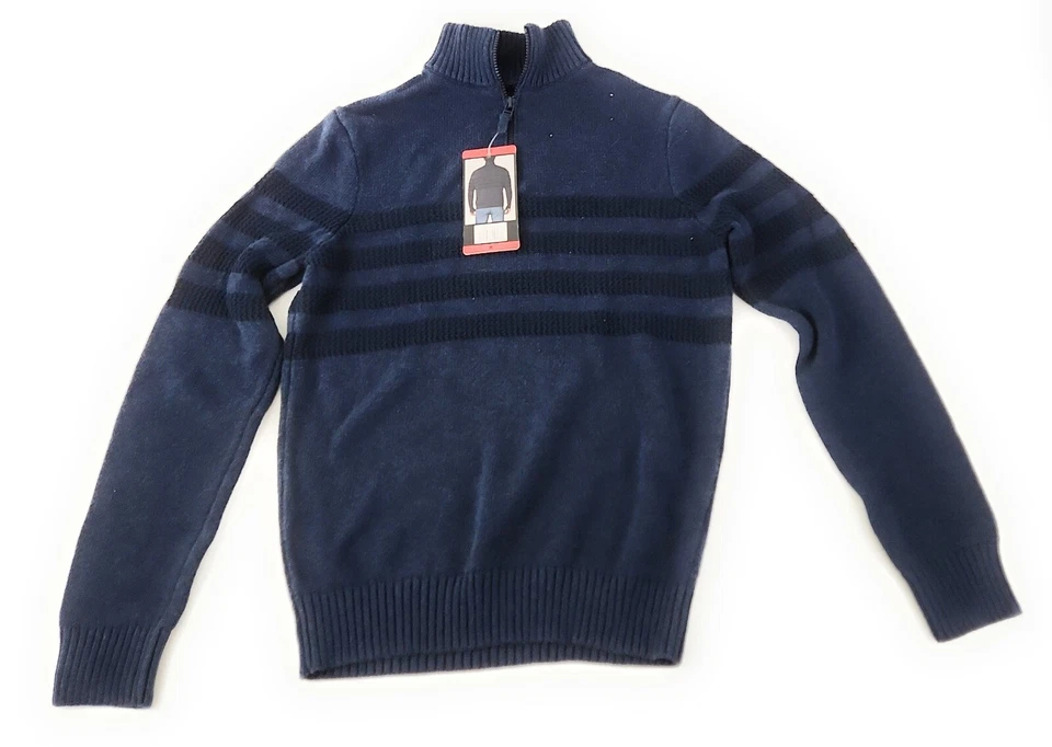 Mens Tahari Size MEDIUM 1/4 Zip Stretch Pullover Cotton Gray Striped Sweater