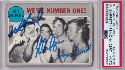 Nolan Ryan, Ken Boswell, Wayne Garrett 1970 Topps COMBO SIGNED 1969 N.Y.Mets PSA - Image 1 of 4