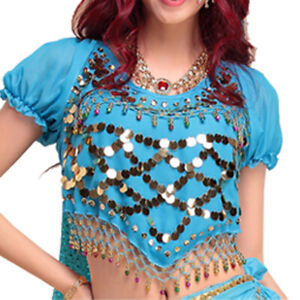 Women Belly Dance Costumes Outfit Beaded Glitter Tassels Crop Top Carnival India