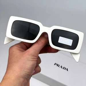Prada Women Sunglasses Talc White Dark Grey Rectangle PRA07S 1425S0 BRAND NEW - Picture 1 of 11