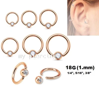 一对 18G 玫瑰金 IP 钢透明宝石套装圈养珠环耳 Labret Tragus — 第 1/2 张图片