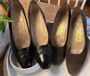 * 2 Pair * Vintage Salvatore Ferragamo Pumps Brown Suede & Black Leather Sz 7 - Picture 1 of 14