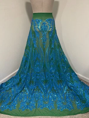 Blue Green Gold iridescent 4way stretch sequin Embroided fabric 50” Width 1 Yard - Image 1 of 4