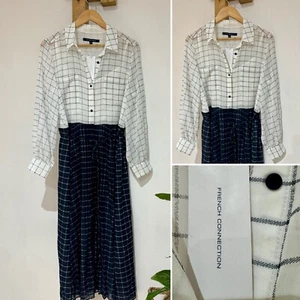 NWT £125 French Connection Ayn Drape Navy Contrast Check Shirt Midi Dress UK 12 - Picture 1 of 11