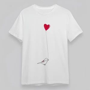 Women's Fashion Round Neck Classic T-Shirt Red Heart Balloon with Gray Bird Tee - Picture 1 of 6