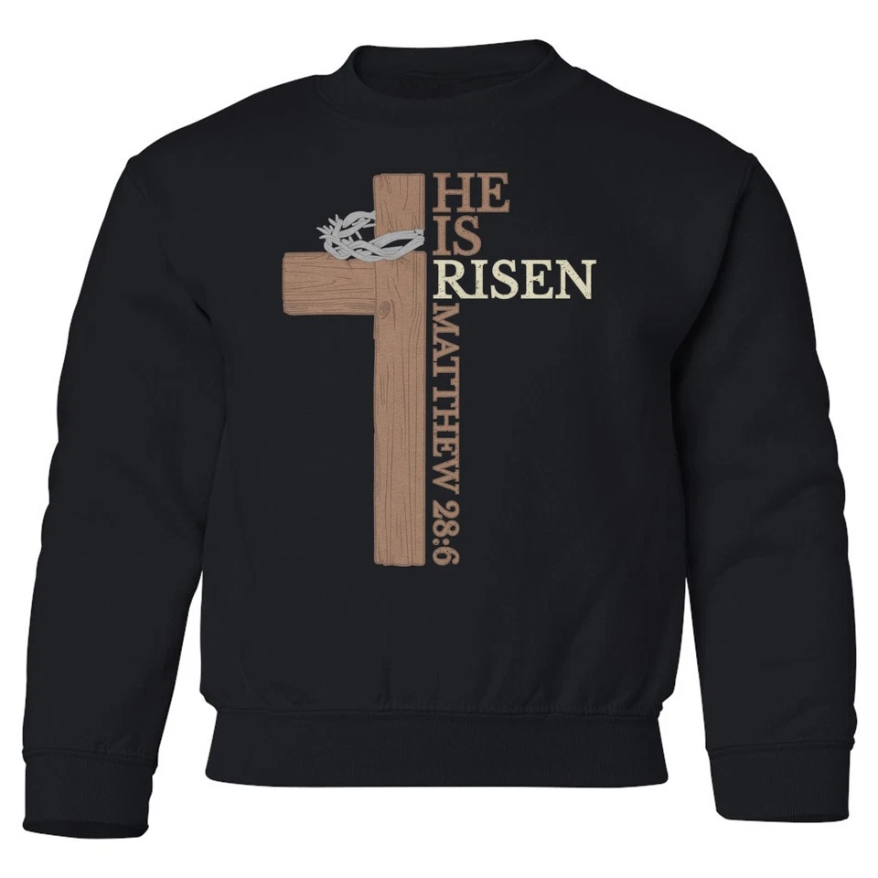 He Is Risen - Mateo 28:6 Cruz Diseño Pascua Juvenil Cuello Redondo Sudadera Foto 1 de 1