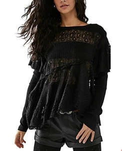 Túnica Free People Snowfall de encaje mezcla de algodón negra con volantes XS - Imagen 1 de 6