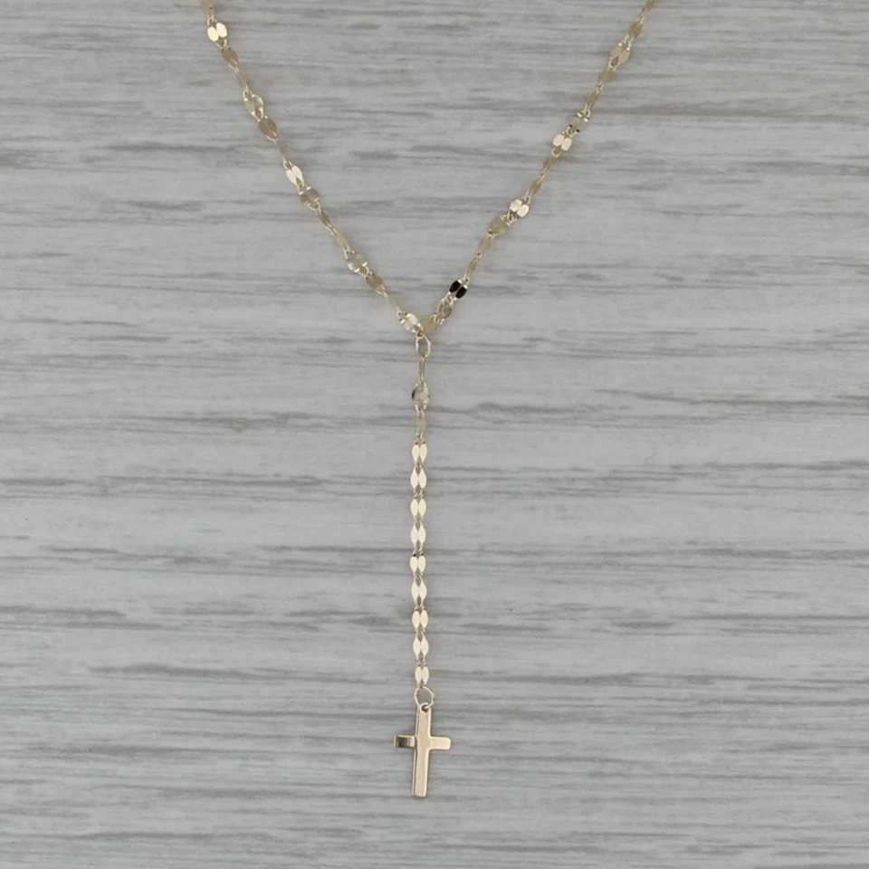 Cross Lariat Necklace 14k Yellow Gold 17" Mirror Chain - Image 1 of 4