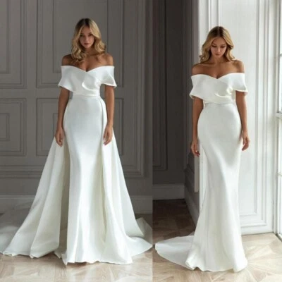 Off Shoulder Satin Mermaid Wedding Dress Plus Size Bridal Gown Detachable - Image 1 of 4