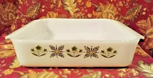 FIRE KING Milk Glass Vintage GREEN MEADOW Pattern 8" Cake Casserole Baking Dish - Picture 1 of 6