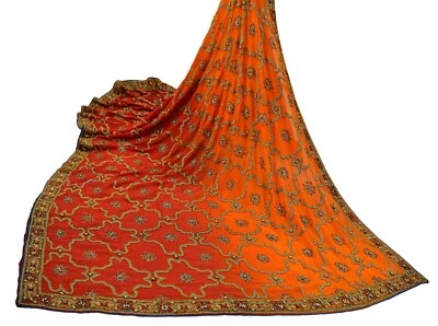 Vintage Heavy Bridal Dupatta Red & Orange Georgette Silk Hand Embroidered Veil - Image 1 of 4
