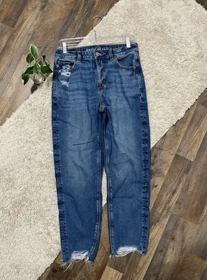American Eagle 8 Short Dark Wash Distressed Strigid High-Rise Cropped Mom Jeans - Image 1 of 4