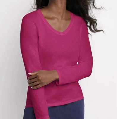 100 % algodón pequeño para mujer cuello en V manga larga - Hanes originales en rosa chisporroteante Foto 1 de 4