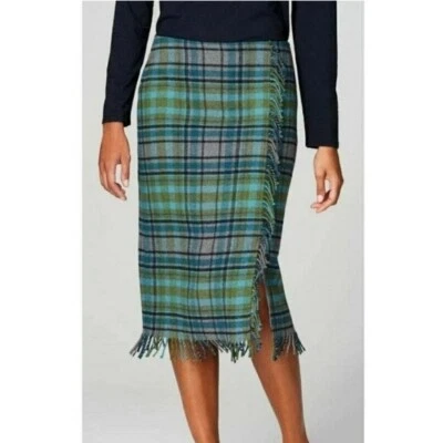 NWT J.JILL $100 Fringe Faux Wrap Plaid Wool Blend Midi Skirt Blue Green Size 10P - Image 1 of 4