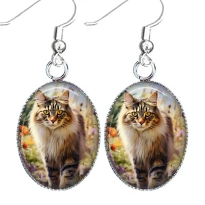 Gray Tabby Tiger Maine Coon Kitten Earrings Cat Mom  Gift - Picture 1 of 3