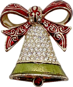 Signierte MONET Weihnachts GLOCKENBROSCHE rotes Band Strass Emaille Modeschmuck - Bild 1 von 7