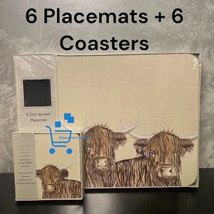 Set of 6 Cream Highland Cow Placemats & 6 Coasters Dinner Table Mats NEW - Picture 1 of 3