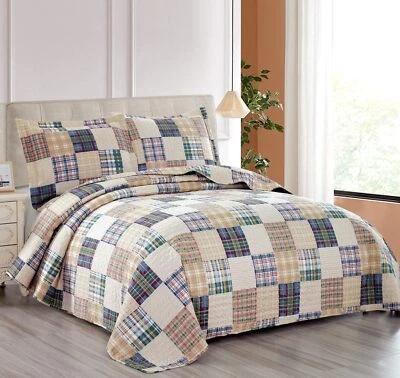 Beige Plaid Quilt Set Full/Queen Country Patchwork Bedding Quilt Lightweight Rev - Image 1 of 3