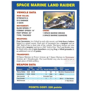 Space Marine Land Raider Vehicle Data Card | Warhammer 40,000 2nd edition 1993 - Picture 1 of 1