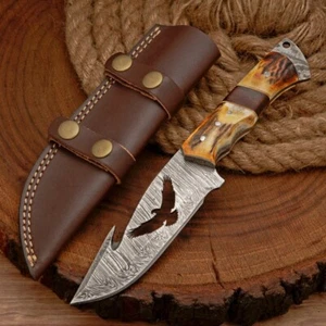 Handmade Damascus Hunting Knife With Stag Handle & Leather Sheath _ Eagle Etched - Picture 1 of 13