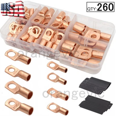 260PC Heavy Duty Wire Lugs Battery Cable Tinned Copper Eyelets SC Ring Terminals - Image 1 of 4