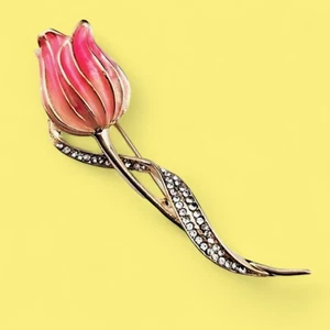 PINK TULIP CRYSTAL BAR BROOCH peach enamel rhinestone Easter flower pin U4 - Picture 1 of 5