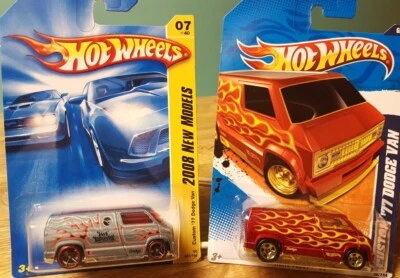 Hot Wheels Lot of 2 Custom '77 Dodge Van Silver Treasure Hunt & Red W Flames - Image 1 of 4