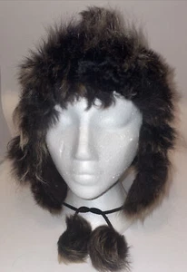 Vintage Brown Faux Fur Hat Pom Pom Puff Ball Italy Leather Retro Kitsch Lined - Picture 1 of 13