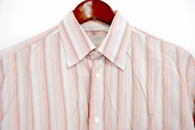 Brioni Men’s Lightweight Dress Shirt - Pink Peach Blue Stripe -15 in / Medium - Image 1 of 4