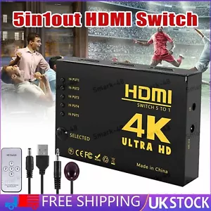 4K HDMI Splitter Switcher Box Hub With IR Remote Control 5X1 Power 5 In 1 Out - Picture 1 of 13