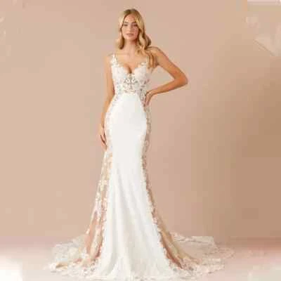 2025 Mermaid Wedding Dresses Sexy Wide Straps V-neck Lace Applique Sweep Train - Image 1 of 4