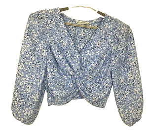 Abercrombie and Fitch Knot Front Puff Sleeve women's Top Blue Cropped Size XS - Picture 1 of 16