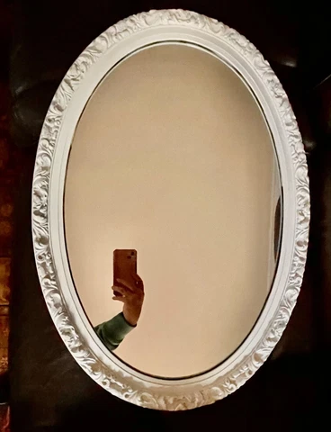 VINTAGE Large Beautiful MCM OVAL WALL MIRROR White  Tone Ornate  Frame Cover
