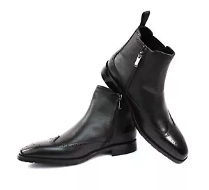 Botas Chelsea con cremallera de cuero genuino exclusivas con punta de ala negra para hombre DE AZAR - Imagen 1 de 10