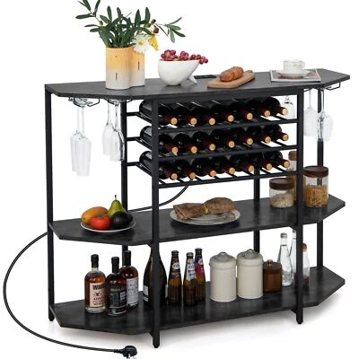 Wine Bar Cabinet 3 Tier Industrial Wine Rack w/Storage Shelves Glass Holder - Image 1 of 4