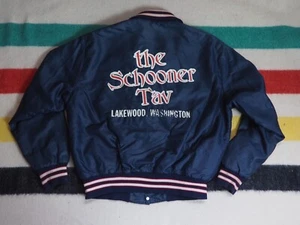 VTG 70s DELONG Navy Blue Red Satin Snap Bomber Jacket Tavern Lakewood WA L Mens - Picture 1 of 12